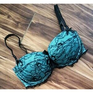 Ann Summ Bra Size 36D US UK Push Up Blue Black Lace Ruffled Bows Removable Pads